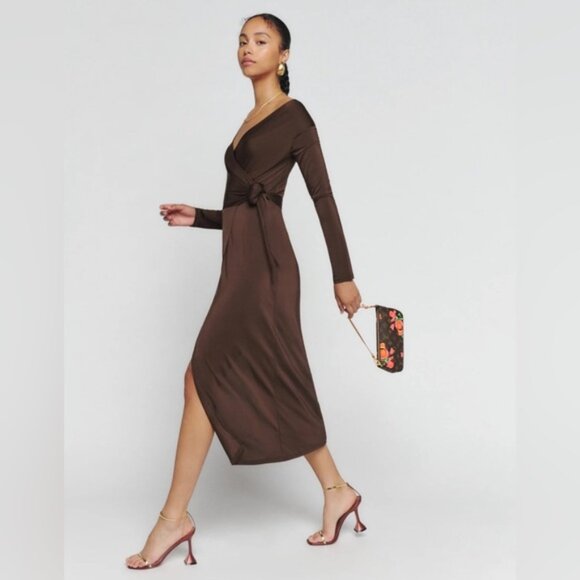 NWT Reformation Dama Dress Long Sleeve Wrap Dress in Brown Size Medium. - Picture 1 of 15